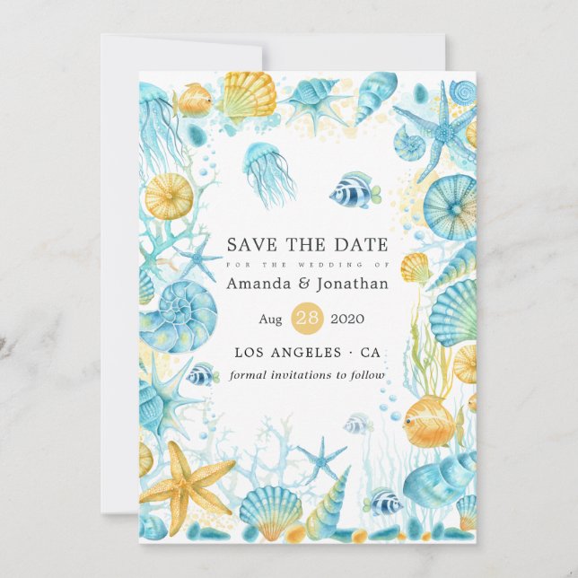 Blue and Yellow Sea Life Wedding Save The Date (Front)