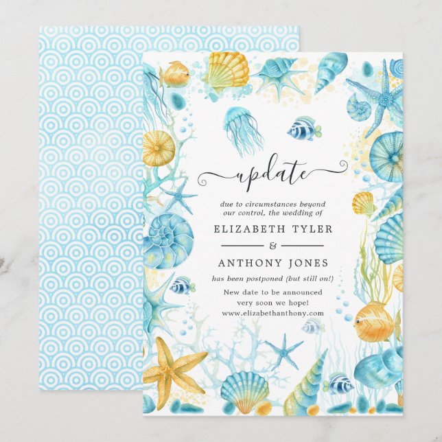 Blue and Yellow Sea Life Wedding Update Invitation (Front/Back)