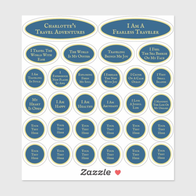 Blue And Yellow Sheet Of 30 Travel Affirmations Sticker (Sheet)
