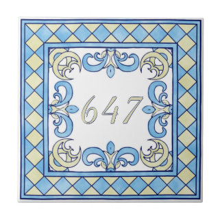 Blue and Yellow Small House Number Tile