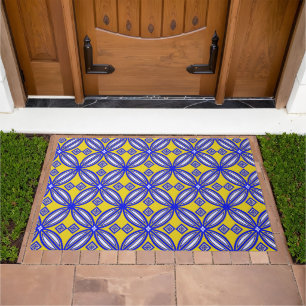 Blue And Yellow Spanish Tile Pattern Door Mat