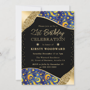 Blue and Yellow Starry Night 21st Birthday Invitation