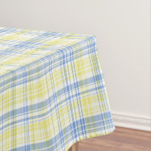 Blue and yellow striped and checked tablecloth