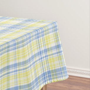 Blue and yellow striped and checked tablecloth
