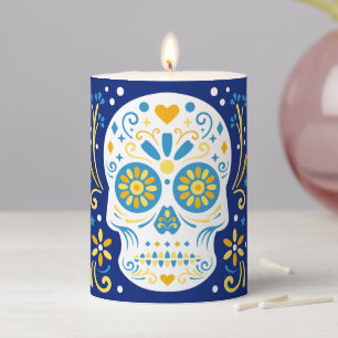 Blue and Yellow Sugar Skull Pillar Candle