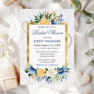 Blue and Yellow Summer Flowers Gold Bridal Shower Invitation