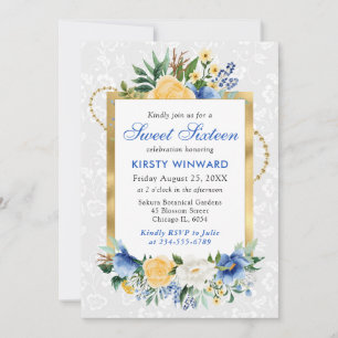 Blue and Yellow Summer Flowers Gold Foil Sweet 16 Invitation