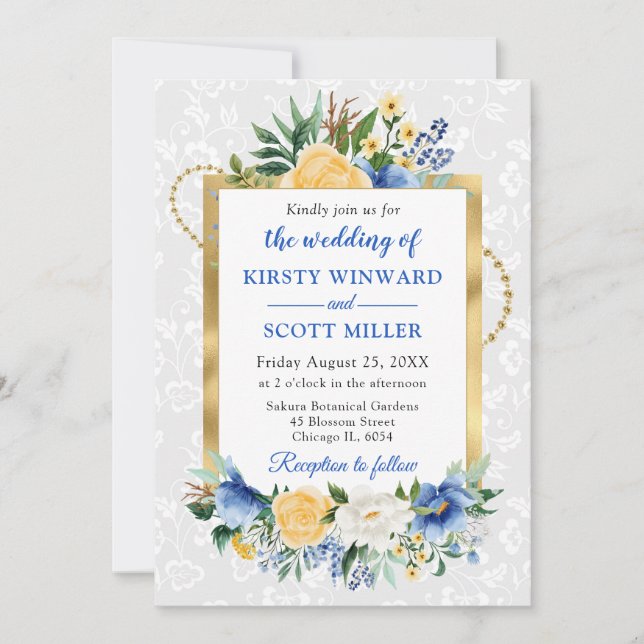 Blue and Yellow Summer Flowers Gold Foil Wedding Invitation (Front)