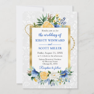 Blue and Yellow Summer Flowers Gold Foil Wedding Invitation
