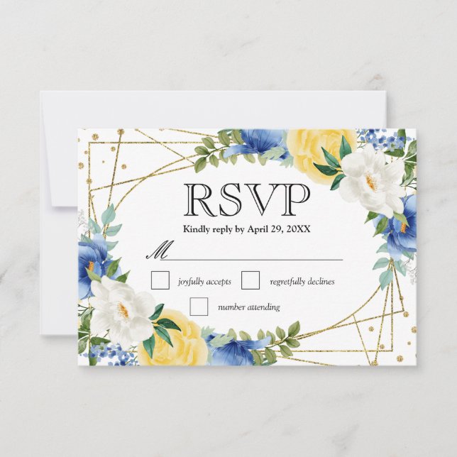 Blue and Yellow Summer Flowers Wedding RSVP Card (Front)