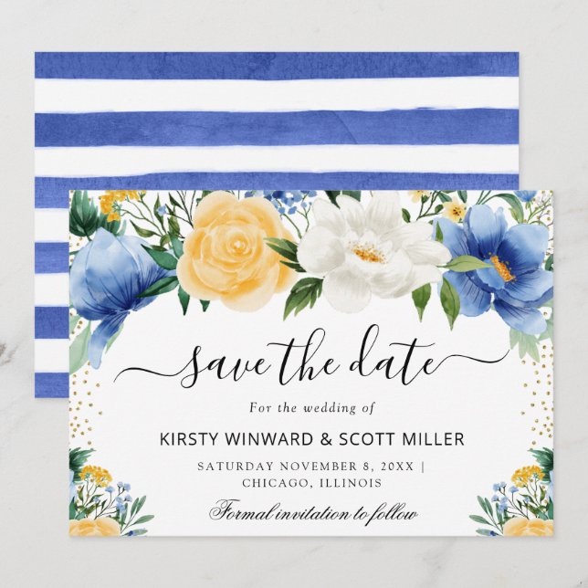 Blue and Yellow Summer Flowers Wedding Save The Date (Front/Back)