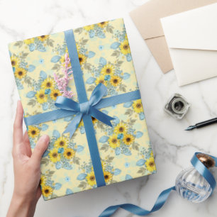 Blue and Yellow Sunflower Arrangement Wrapping Paper