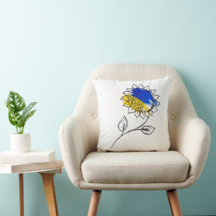 Blue and yellow sunflower in Ukrainian style Throw Pillow