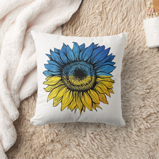 Blue and yellow sunflower in Ukrainian style Throw Pillow (Blanket)
