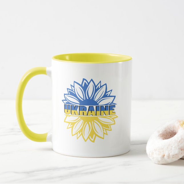 Blue and yellow sunflower with inscription Ukraine Mug (With Donut)