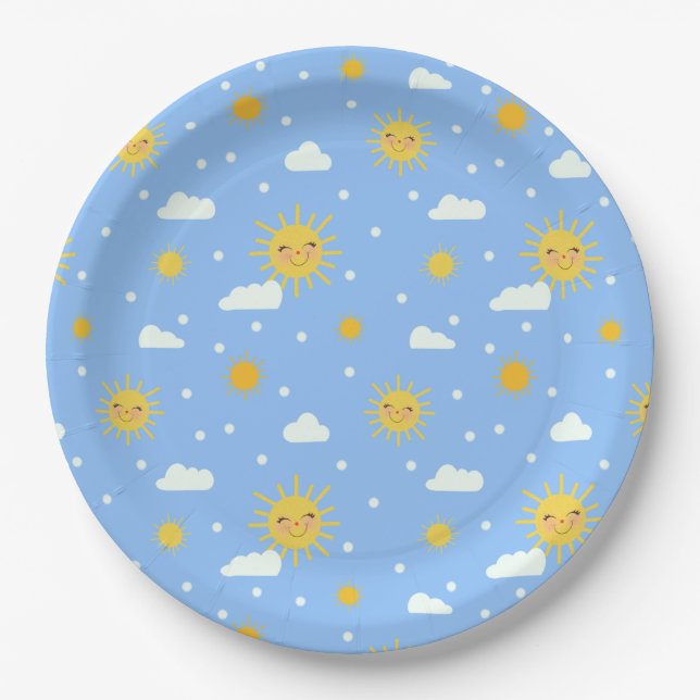 Blue And Yellow Sunshine Cloudy Sky Paper Plates (Front)