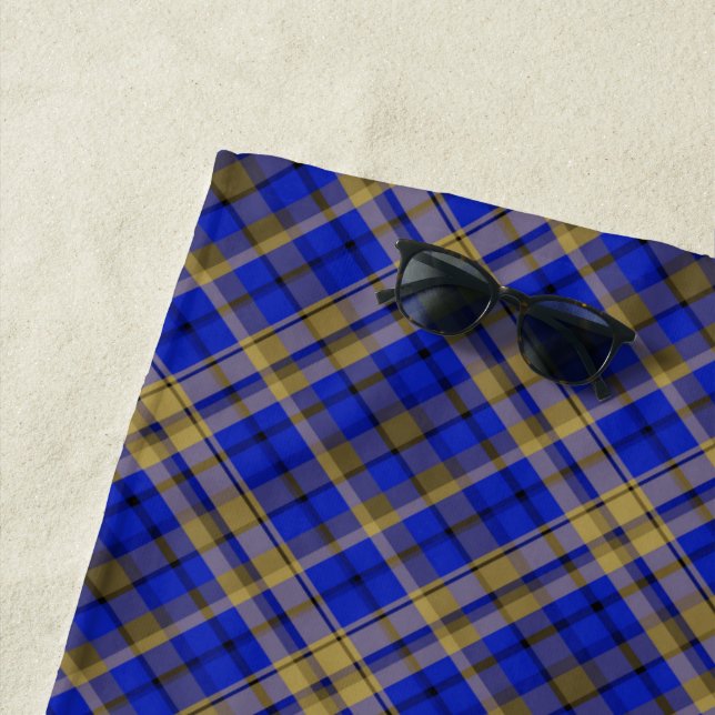 Blue and yellow tartan plaid beach towel (In Situ)