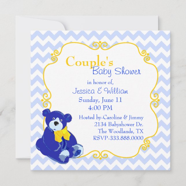 Blue and Yellow Teddy Bear Couple's Baby Shower Invitation (Front)