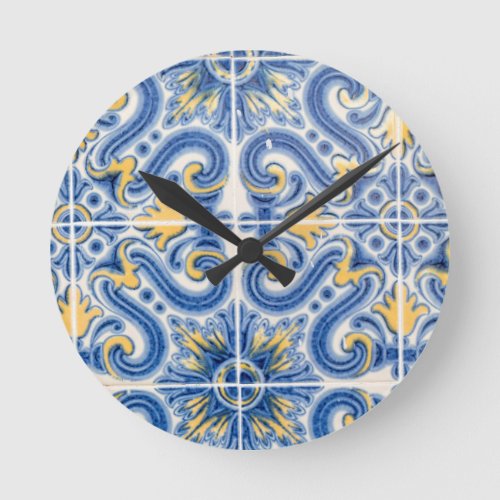 Blue and yellow tile Portugal Round Clock