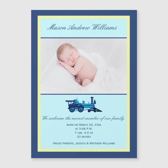 Blue and Yellow Train | Photo Birth Announcement (Front)