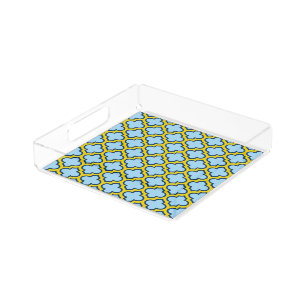 Blue and Yellow Trellis, Lattice, Quatrefoil Acrylic Tray