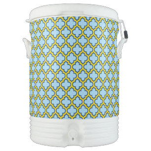 Blue and Yellow Trellis, Lattice, Quatrefoil Beverage Cooler