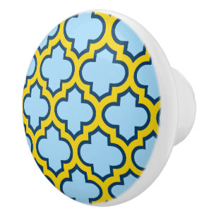 Blue and Yellow Trellis, Lattice, Quatrefoil Ceramic Knob