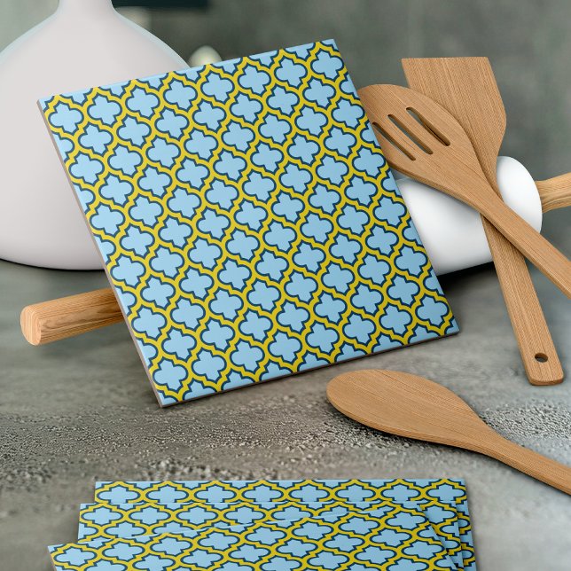 Blue and Yellow Trellis, Lattice, Quatrefoil Ceramic Tile (Creator Uploaded)