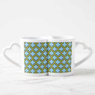 Blue and Yellow Trellis, Lattice, Quatrefoil Coffee Mug Set