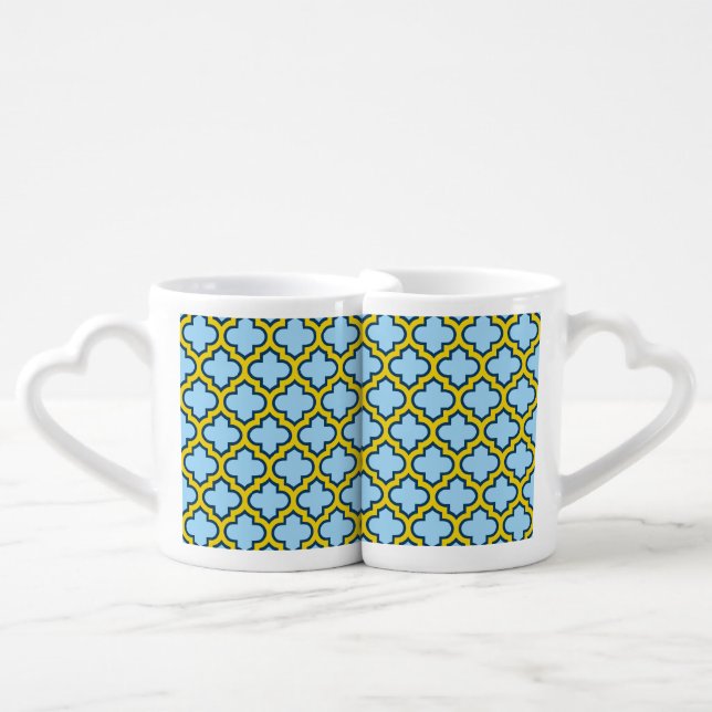 Blue and Yellow Trellis, Lattice, Quatrefoil Coffee Mug Set (Front Nesting)
