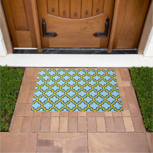 Blue and Yellow Trellis, Lattice, Quatrefoil Doormat