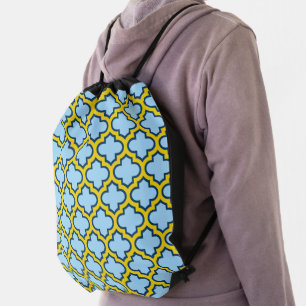 Blue and Yellow Trellis, Lattice, Quatrefoil Drawstring Bag
