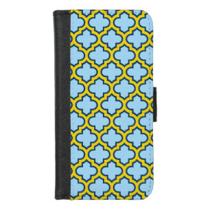Blue and Yellow Trellis, Lattice, Quatrefoil iPhone 8/7 Wallet Case