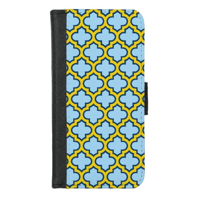 Blue and Yellow Trellis, Lattice, Quatrefoil iPhone Wallet Case (Front)
