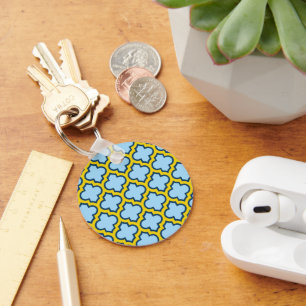 Blue and Yellow Trellis, Lattice, Quatrefoil Keychain