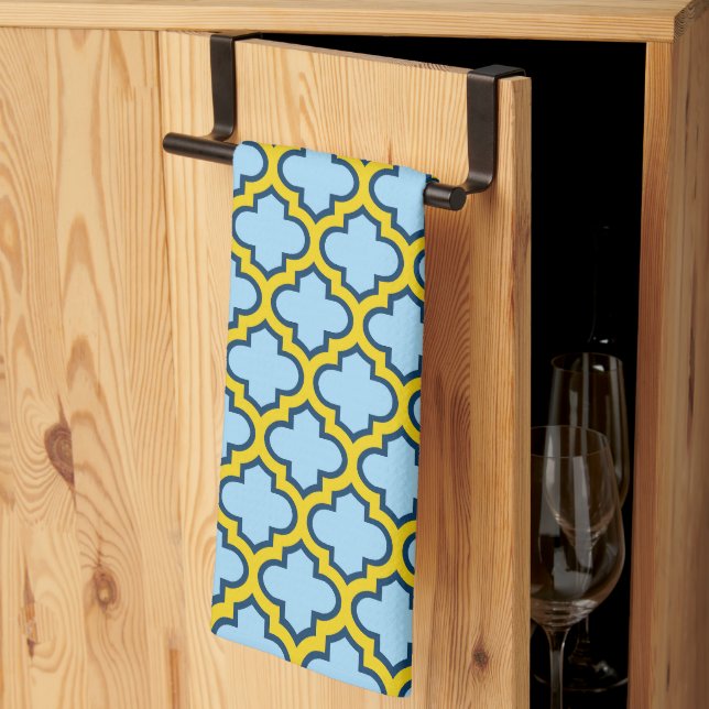 Blue and Yellow Trellis, Lattice, Quatrefoil Kitchen Towel (Thirds Fold)