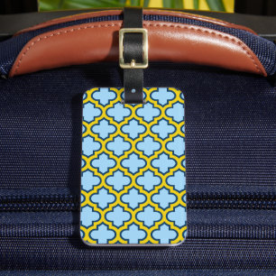 Blue and Yellow Trellis, Lattice, Quatrefoil Luggage Tag