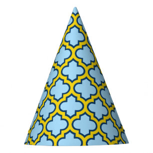 Blue and Yellow Trellis, Lattice, Quatrefoil Party Hat