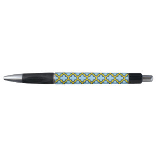 Blue and Yellow Trellis, Lattice, Quatrefoil Pen