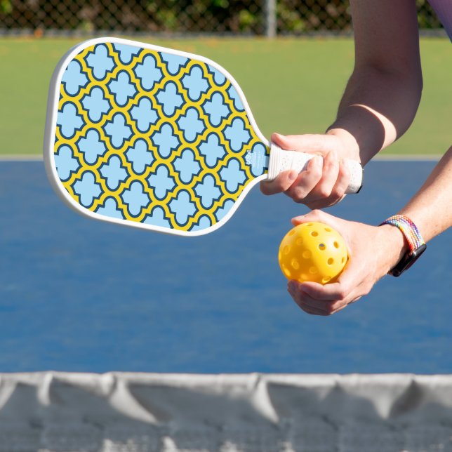 Blue and Yellow Trellis, Lattice, Quatrefoil Pickleball Paddle (Insitu)