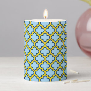Blue and Yellow Trellis, Lattice, Quatrefoil Pillar Candle