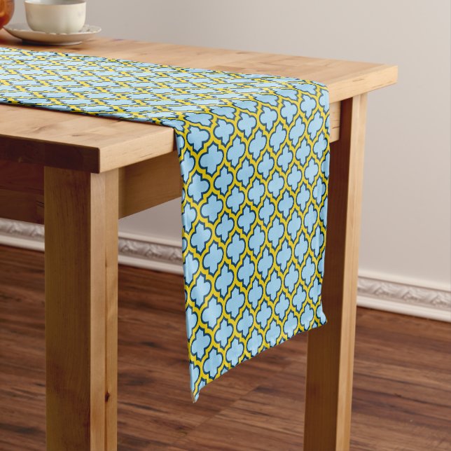 Blue and Yellow Trellis, Lattice, Quatrefoil Short Table Runner (In Situ)