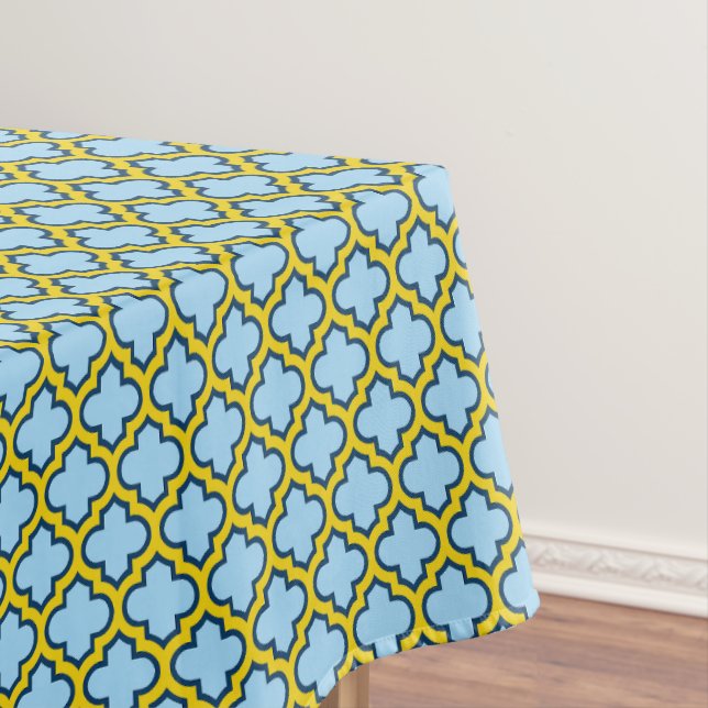 Blue and Yellow Trellis, Lattice, Quatrefoil Tablecloth (In Situ)