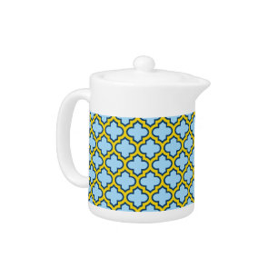 Blue and Yellow Trellis, Lattice, Quatrefoil Teapot