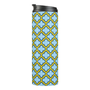 Blue and Yellow Trellis, Lattice, Quatrefoil Thermal Tumbler