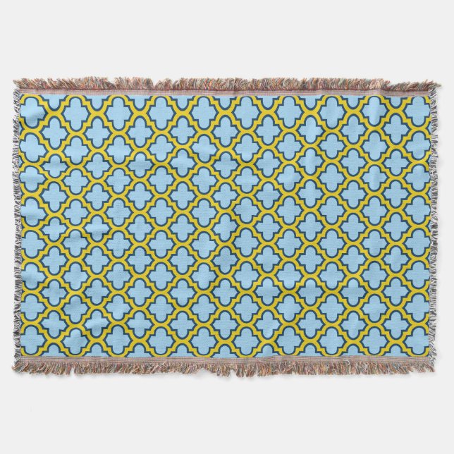 Blue and Yellow Trellis, Lattice, Quatrefoil Throw Blanket (Front)