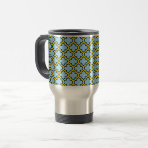 Blue and Yellow Trellis, Lattice, Quatrefoil Travel Mug