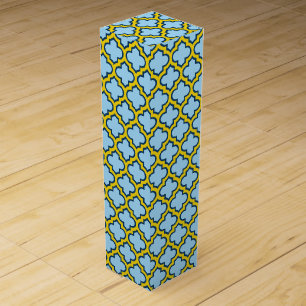 Blue and Yellow Trellis, Lattice, Quatrefoil Wine Box