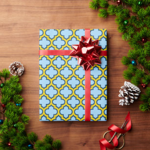 Blue and Yellow Trellis, Lattice, Quatrefoil Wrapping Paper