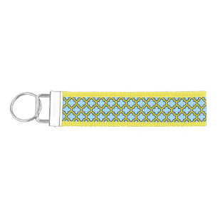 Blue and Yellow Trellis, Lattice, Quatrefoil Wrist Keychain